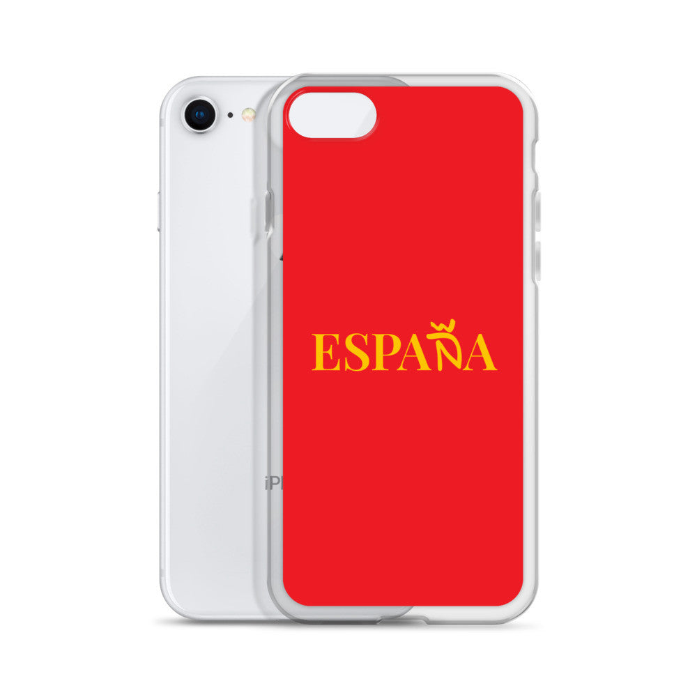 Carcasa transparente iPhone ESPAÑA de color amarillo y letra dorada