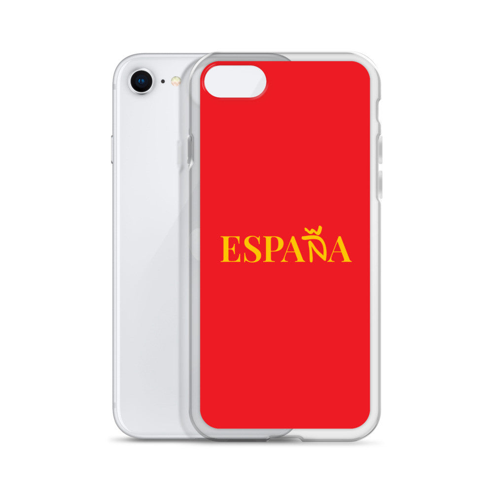 Carcasa transparente iPhone ESPAÑA de color amarillo y letra dorada
