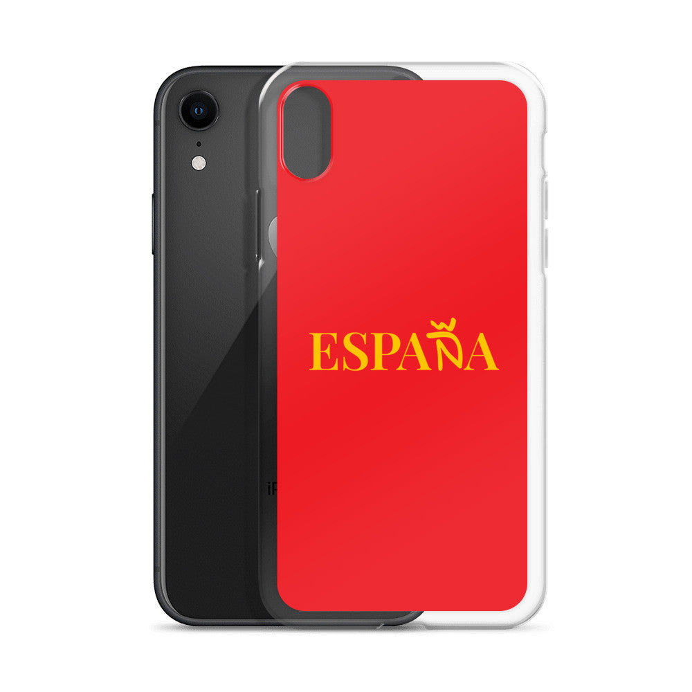 Carcasa transparente iPhone ESPAÑA de color amarillo y letra dorada