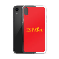 Carcasa transparente iPhone ESPAÑA de color amarillo y letra dorada