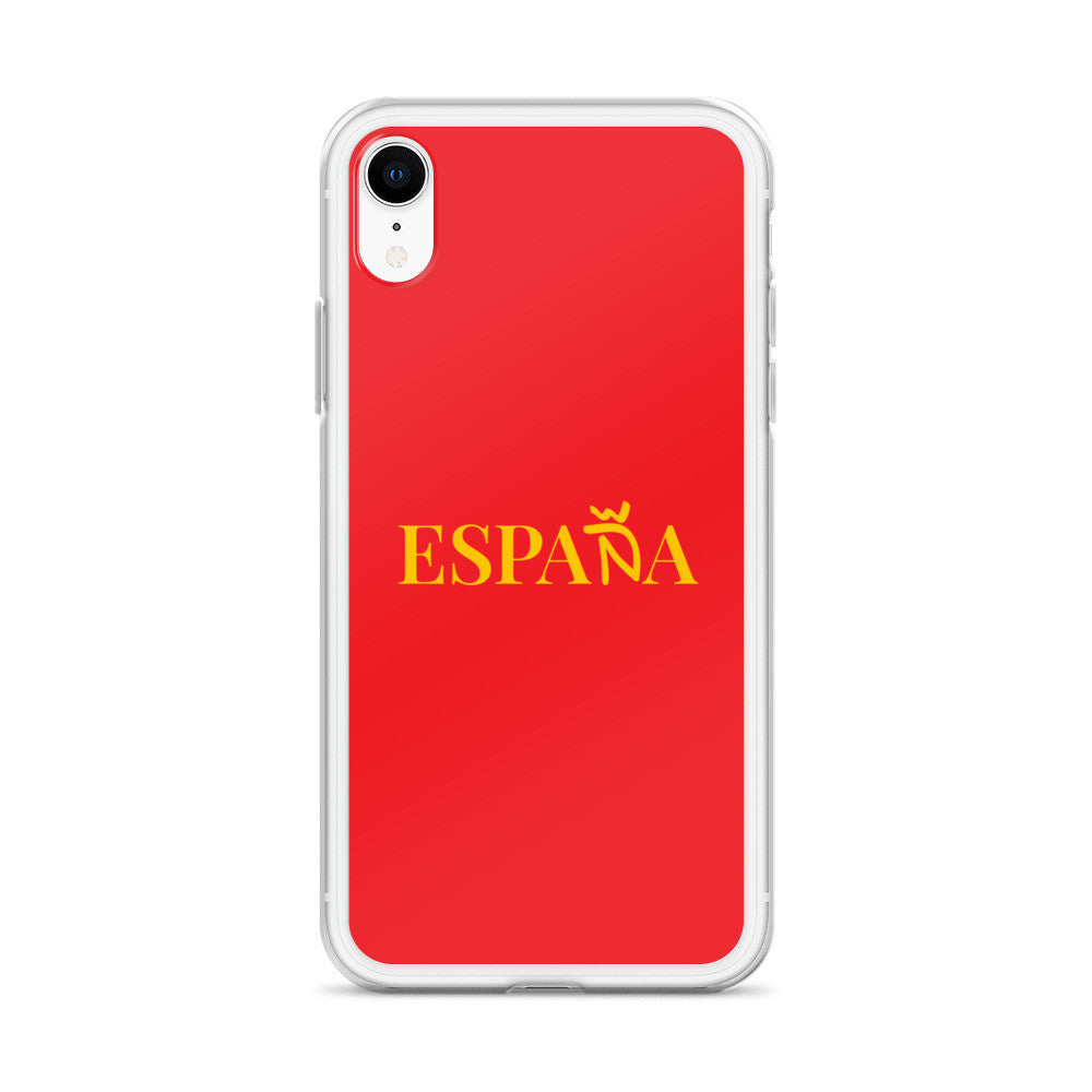 Carcasa transparente iPhone ESPAÑA de color amarillo y letra dorada